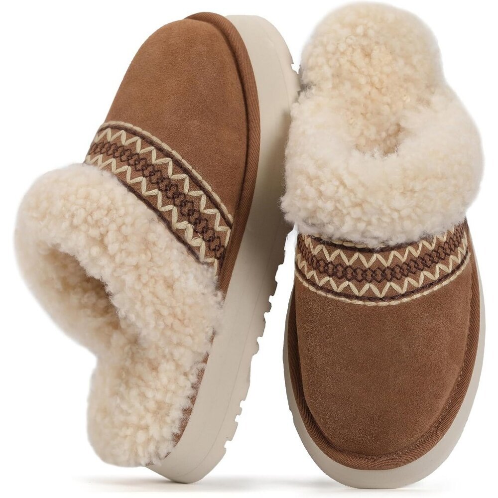 Women's Winter Warm Light Brown Fuzzy Faux Fur Suede Slippers Rubber Sole Shoes
